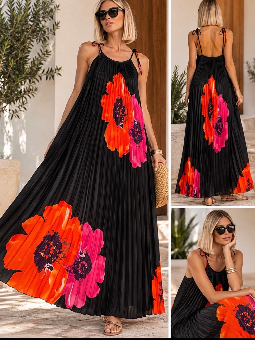 India Boutique Black Pleated Maxi Dress with Pink & Orange Floral Accents